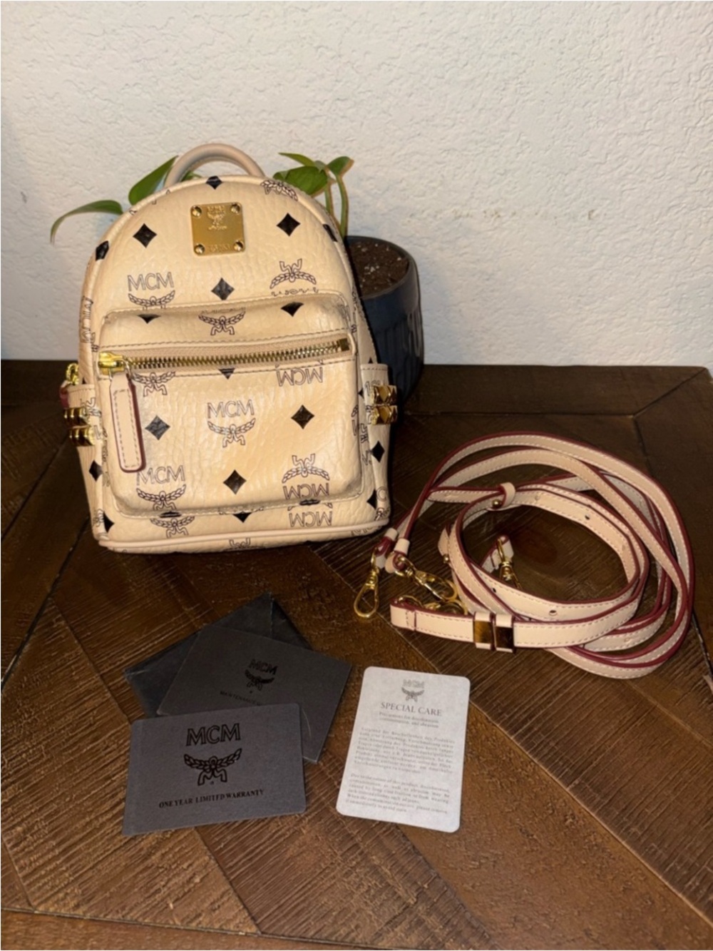 MCM Beige Logo Mini Backpack with Gold Hardware and Striped Strap